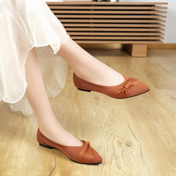 Women's Pointed Toe Knit Brown Flats Comfortable Lightweight Dressy Casual Shoes - Picture 7 of 9